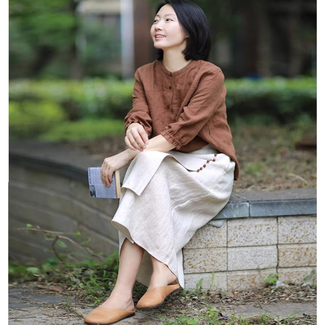 Solid color mid-length original hemp color literary irregular splicing skirt linen commuter slit A-line skirt summer