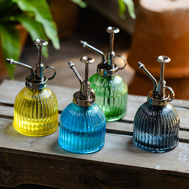 Watering can for watering flowers. Household small spray watering can. Small gardening air pressure type high-value retro glass small watering can.