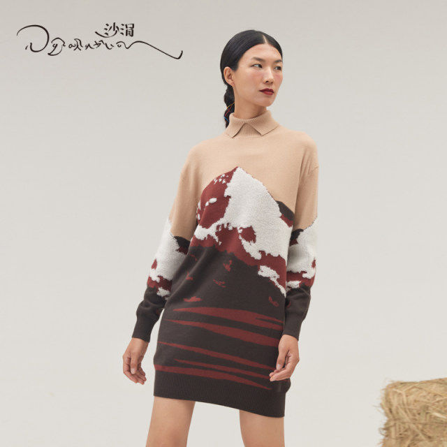 sandriver cashmere peak jacquard lapel long pullover autumn and winter high-end design sense fashionable casual sweater