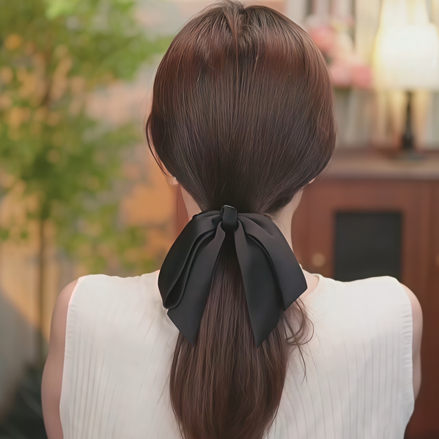 Low round head black satin bow hairpin for women summer spring clip on the back of the head ponytail clip headwear