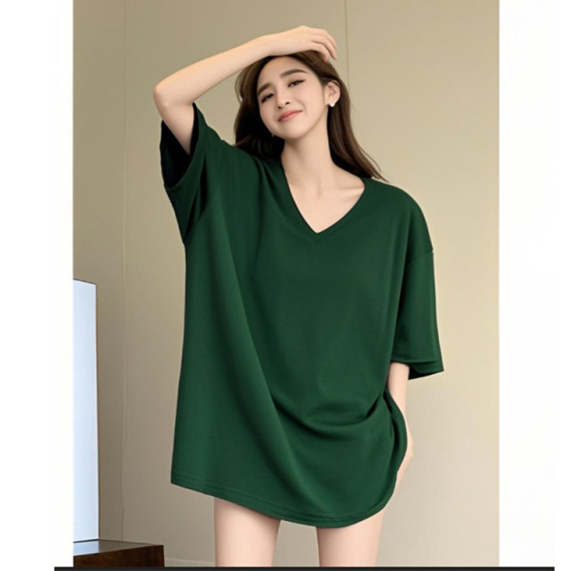 Dark green loose half-sleeved bottom shirt for women in summer mid-length butt top 2025 new pure cotton short-sleeved T-shirt