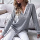 
Cross-border Amazon 2021 autumn European and American new white lace v-neck light gray long-sleeved T-shirt loose top for women
