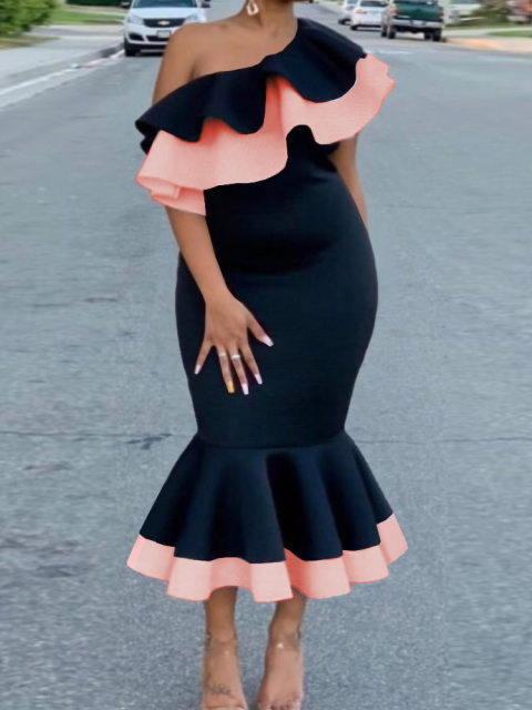 European and American large -size shoulder -back exposed ruffled border banquet parties fishtail skirt women's Sexy Party Dress