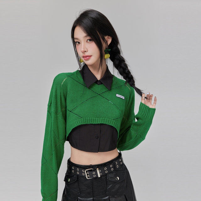 La Crawfish Korean Mahai Mao Ling -shaped hollow knit sweaters hot girl cut off waist sweater female winter
