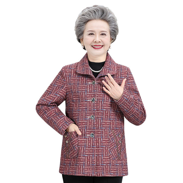 Middle-aged and elderly autumn clothing female grandma plaid coat autumn and winter plus velvet thickened 70-year-old mother top old lady clothes