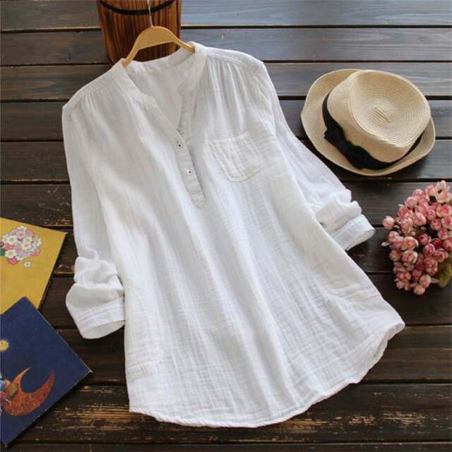 European and American women's clothing cross-border new products 2021 wish Amazon eaby best selling solid color loose stand collar cotton linen shirt
