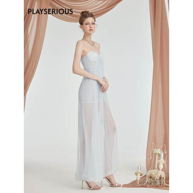 
Sheer Luck New Summer Thea Dress Women's Off-Shoulder Mesh Pleated Strapbreast Dress Seaside Vacation