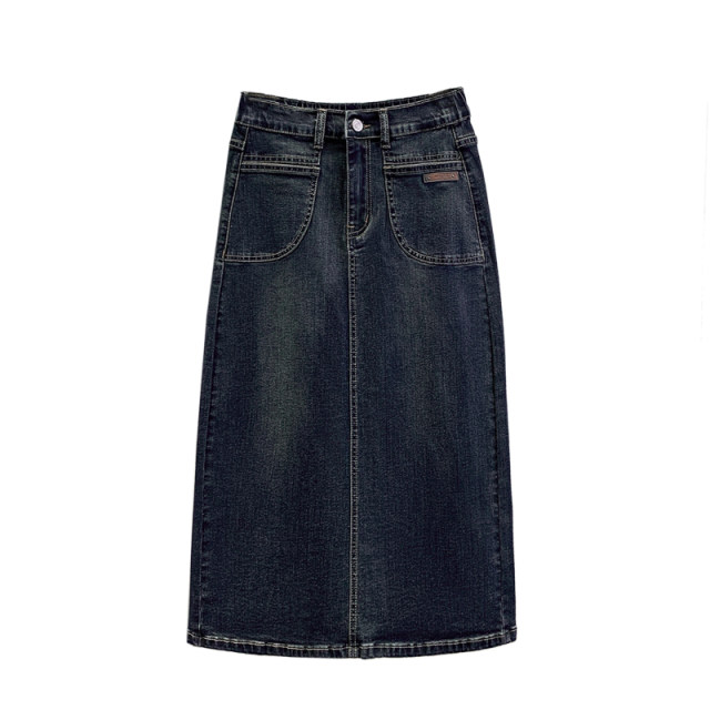 Large size women's clothing, old workwear, denim a-line skirt, spring and autumn fat mm, covering her hips and making her look slim, and then slit straight skirt trendy
