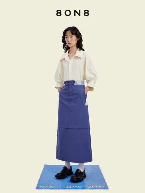 8ON8 2023 spring dress spliced ​​high waist retro navy pure cotton herringbone long skirt skirt