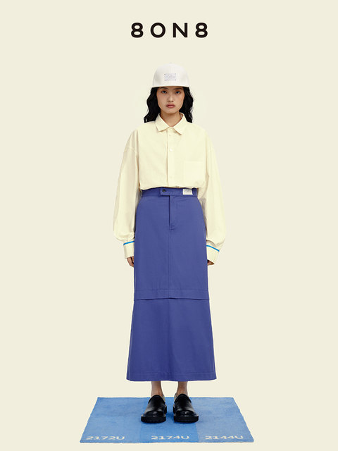 8ON8 2023 spring dress spliced ​​high waist retro navy pure cotton herringbone long skirt skirt