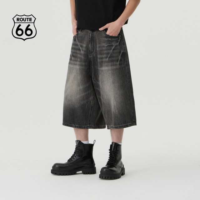 
Route66/66 Summer Crack Denim Shorts Men's American Retro Cropped Pants Summer Wide Legs
