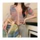 
Colorful V-neck Short Short Sleeve T-shirt for Women's Summer 2025 New High-end Rainbow Dopamine Ice Silk Knitted Half-Sleeve Top