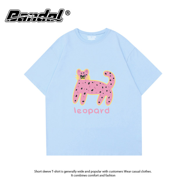 Korean style pink round neck short-sleeved T-shirt for women ins fashion brand cartoon printed half-sleeved trendy brand large-size base shirt