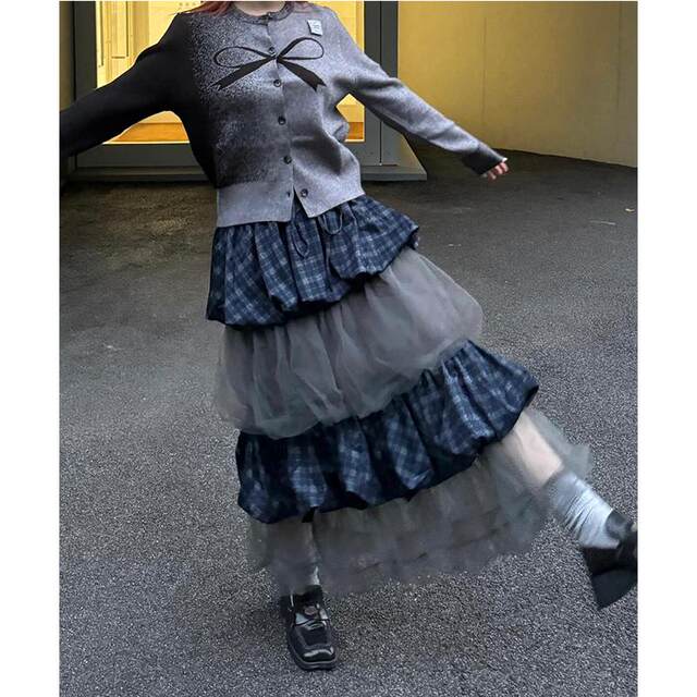 American retro plaid stitching mesh skirt female 2024 autumn niche design feel cake multi -layer Y2K long skirt