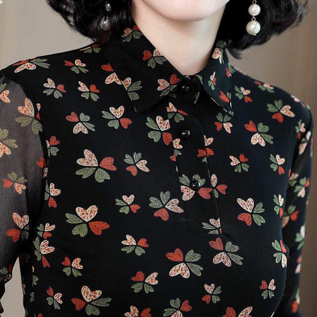 Autumn floral top female long -sleeved new large -size large -size lapel mesh bottoming shirt waist slim T -shirt small shirt minimalist

