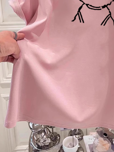Harajuku Wind Belief Cartoon Student Mid -length Half -Half -Half -Half Top Girls Summer INS Ring Niche Pink Bottom Shirt
