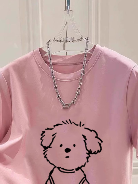 Harajuku Wind Belief Cartoon Student Mid -length Half -Half -Half -Half Top Girls Summer INS Ring Niche Pink Bottom Shirt
