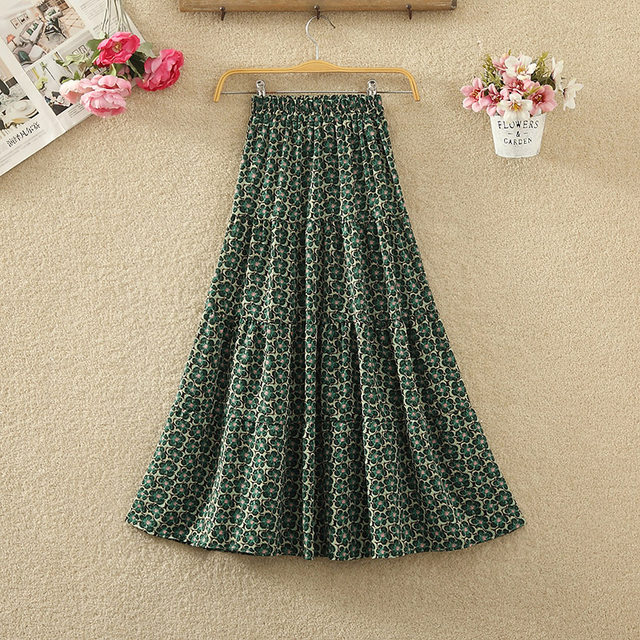 Retro floral chiffon skirt for women in spring and summer new elastic high waist slimming mid-length splicing A-line skirt