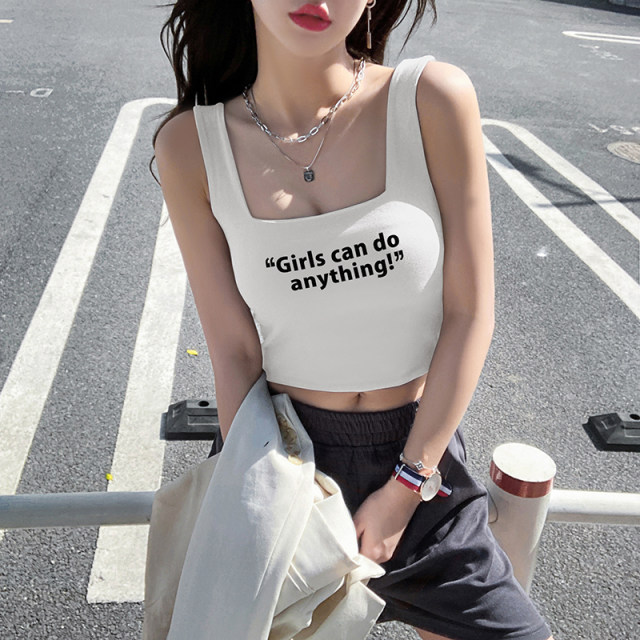 Letter Print Black Sports Vest Women's Summer Slim Jazz Dance Sexy I-Class Square Collar Wide Shoulder Strap Strap