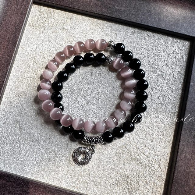 {Mo Yan} New Chinese style natural obsidian cat's eye transport beads energy beaded double circle bracelet