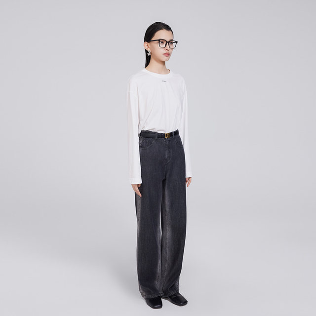 DEMMOV lemon white long-sleeved T-shirt for women in women's autumn new letter logo round neck cotton base inner