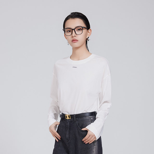 DEMMOV lemon white long-sleeved T-shirt for women in women's autumn new letter logo round neck cotton base inner