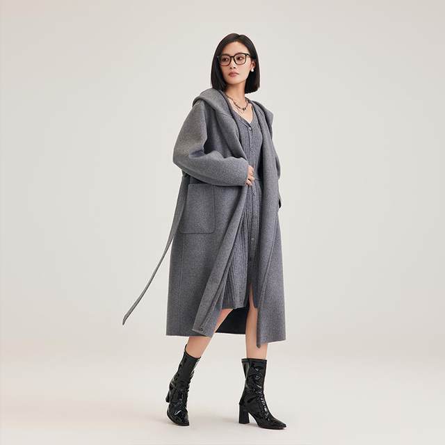DEMMOV lemon grey long hooded double-sided cashmere coat for women in winter new loose silhouette