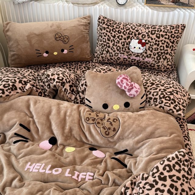 Cute ins black leather KT cat towel embroidered milk velvet four-piece winter thickened coral velvet three-piece fitted sheet set