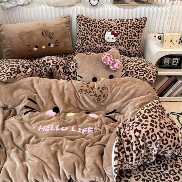 Cute ins black leather KT cat towel embroidered milk velvet four-piece winter thickened coral velvet three-piece fitted sheet set