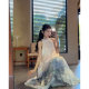 Seven-point candy New Chinese style Chinese style neck halter smudged off-shoulder sleeveless dress for women's summer loose vacation long skirt