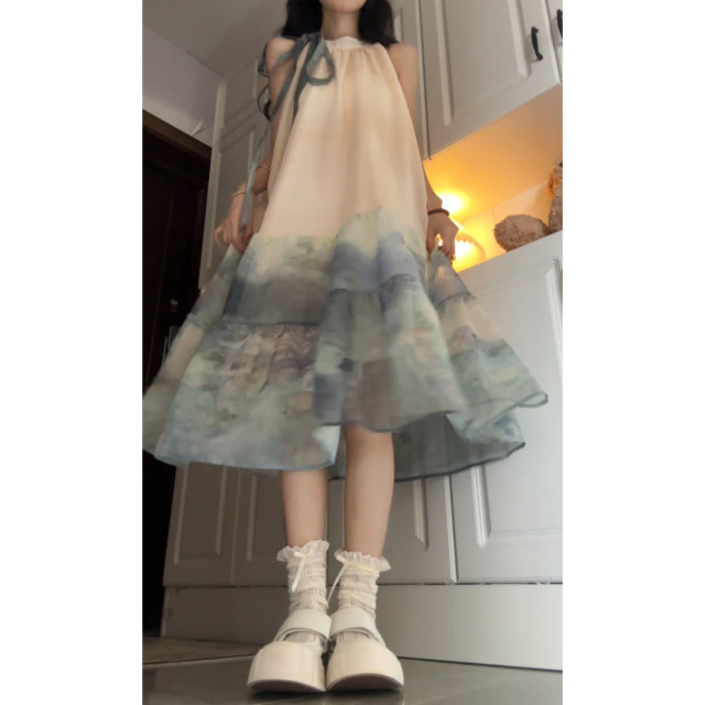 Seven-point candy New Chinese style Chinese style neck halter smudged off-shoulder sleeveless dress for women's summer loose vacation long skirt