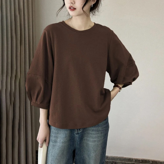 Black loose flesh covering to make you look slimming 2025 spring new versatile literary women's temperament lantern sleeves and 7-quarter sleeve top