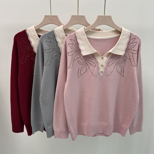 Mom's autumn knitted top 2025 new temperament lapel sweater middle-aged and elderly grandma early autumn long-sleeved bottoming shirt