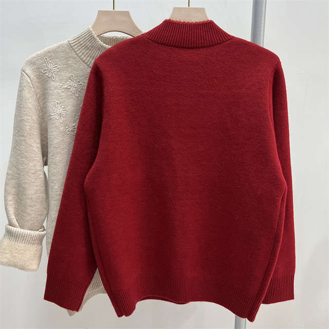Mom's Autumn and Winter Half Turtle Collar Plus Velvet Thickened Sweater 2024 New Middle-aged and Elderly Women's Lady's Bottoming Top