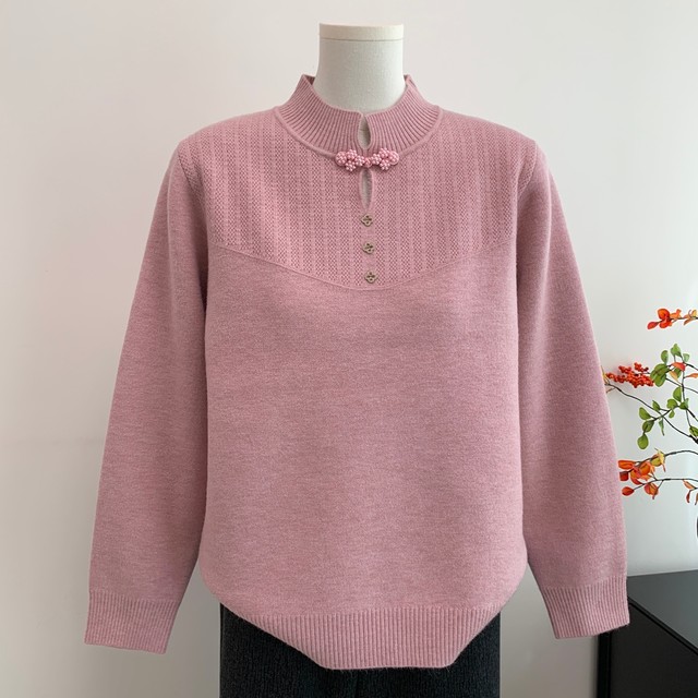 Cheongsam collar mother's wear autumn and winter velvet thickened sweater bottoming shirt middle-aged and elderly warm national style knitted top for women