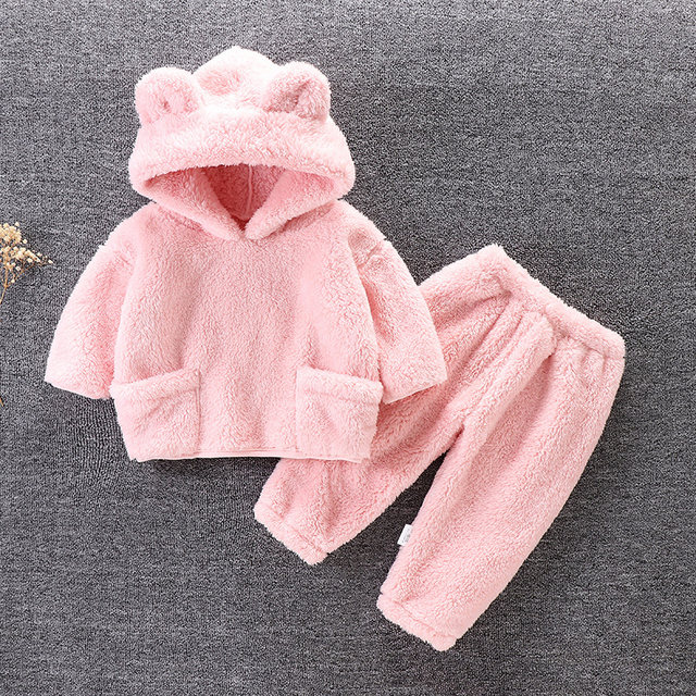 Children's autumn and winter flannel suit baby pajamas home clothes warm hooded outer two-piece set 2025 new style