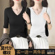 Black V-neck T-shirt for women with high-end mid-sleeved spring and summer new front shoulder versatile base shirt slim and slim temperament top
