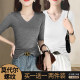 Black V-neck T-shirt for women with high-end mid-sleeved spring and summer new front shoulder versatile base shirt slim and slim temperament top
