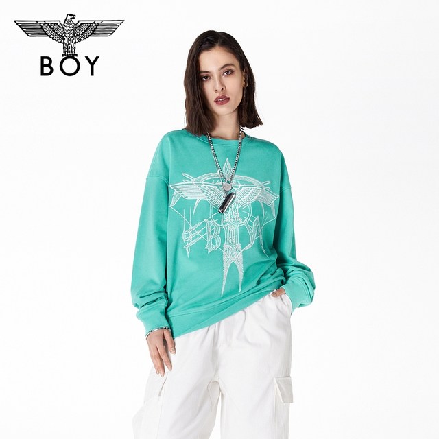 BOYLONDON Spring Men and Women's Same Pearl Light Embroidered Peacock Blue Simple Casual Pullover Sweatshirt N03001
