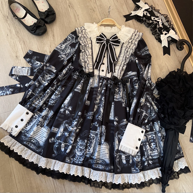 Korean mushroom cool {exclusive}~original design antique cat lolita dress gothic style dark long-sleeved op dress