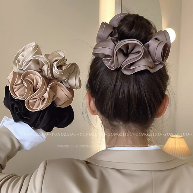 Zhao Lusi same style as satin large intestine hair circle for women with high-end feeling oversized black rope bun hair rope floral hair accessories
