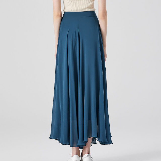 Mulberry silk georgette deep sea blue natural waist ruffle loose large size large double layer silk skirt