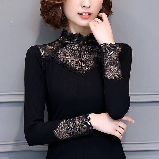 Lace bottoming shirt for women, fashionable and slim, black, versatile, mid-high collar, thin, spring, autumn and winter singles, long sleeves