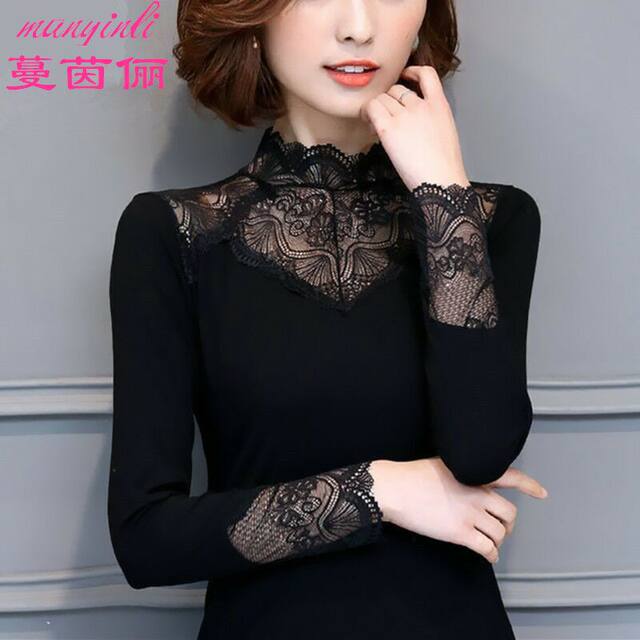 Lace bottoming shirt for women, fashionable and slim, black, versatile, mid-high collar, thin, spring, autumn and winter singles, long sleeves