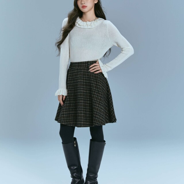 Chen Shiwu 24 autumn and winter retro plaid A-line mid-skirt niche design woolen small high waist umbrella