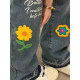 Fat mm large size women's cartoon jeans women's design feel embroidered pants fried street wild pants thin leg pants