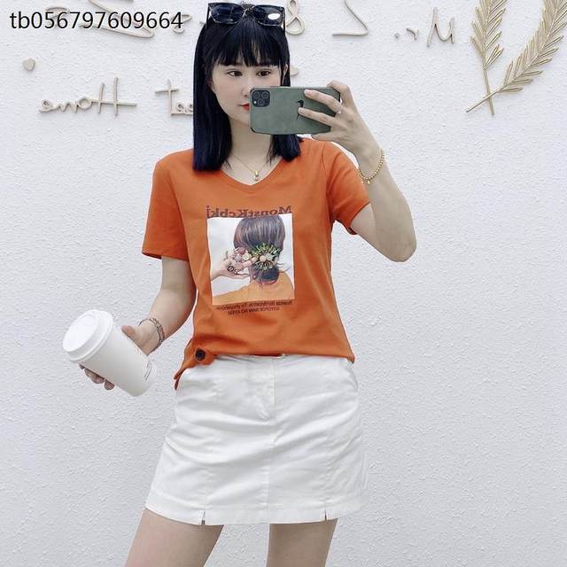 2025 summer new Korean version V-neck print pattern casual cotton slim irregular short-sleeved T-shirt trendy