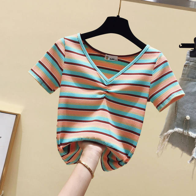 New summer slim rainbow V-neck striped short-sleeved internet celebrity ins super hot top slim and versatile short T-shirt for women