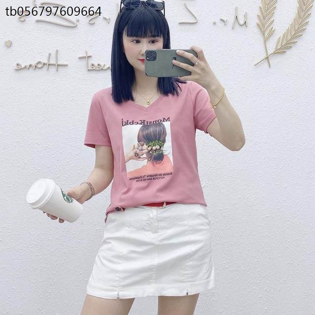2025 summer new Korean version V-neck print pattern casual cotton slim irregular short-sleeved T-shirt trendy