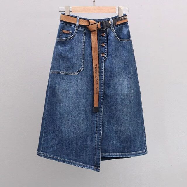 Retro blue denim skirt for women in spring and autumn 2025 new high-waisted old mid-length slit one-step skirt
